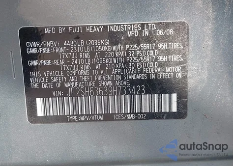 2009 Subaru Forester 2.5X from USA, damaged, VIN JF2SH63639H733423